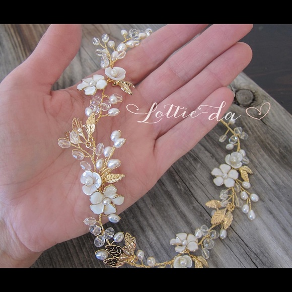 Boho Wedding Hair Halo, Long,Gold hair vine with matching Earrings - Picture 4 of 6